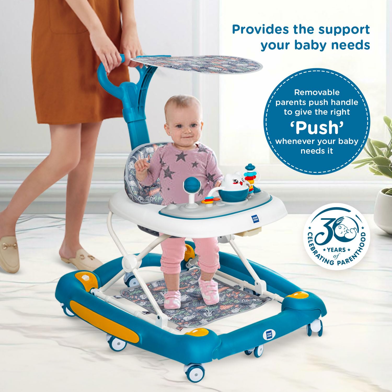 Baby walker with a child inside, being pushed by an adult, with promotional text about support and push handle.